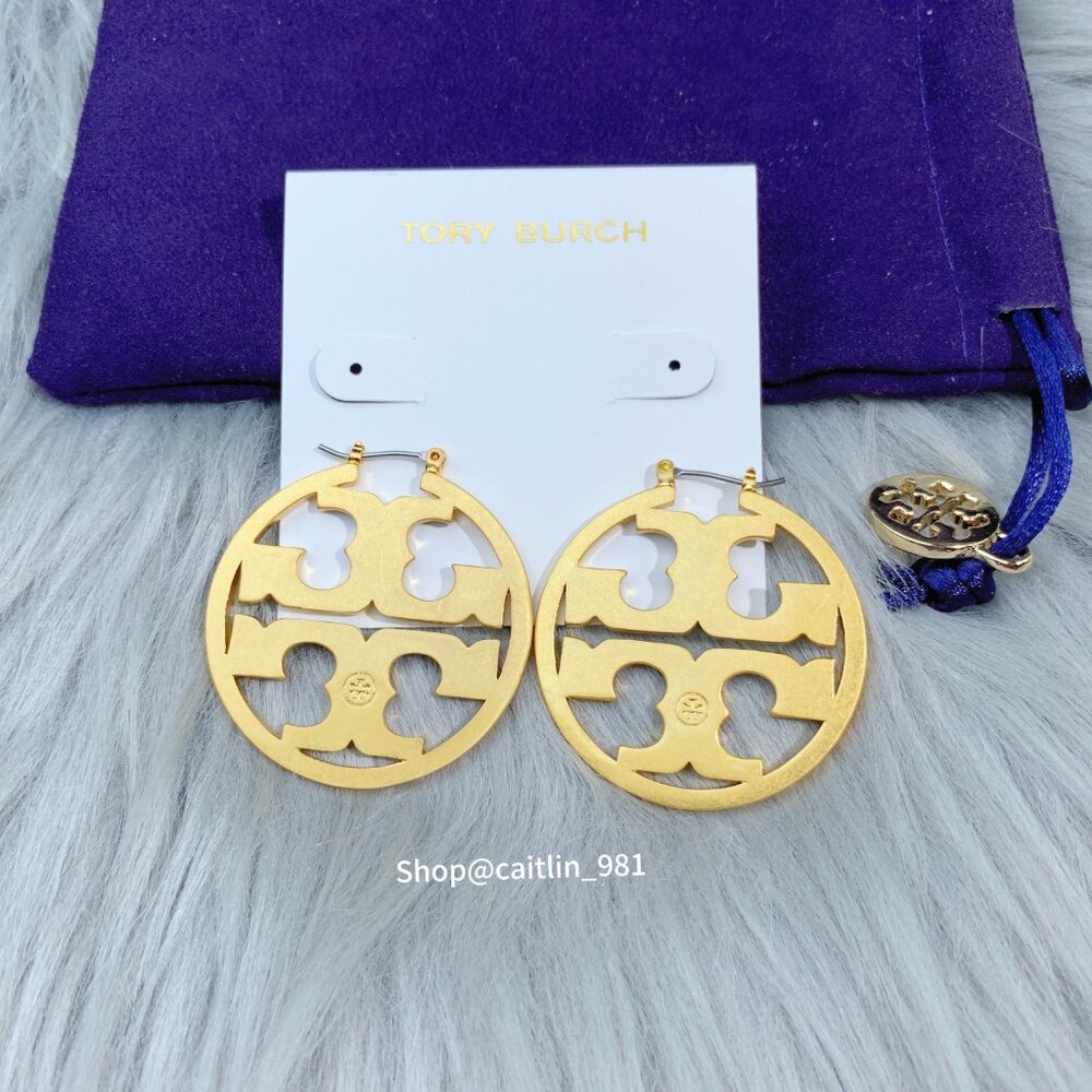 NEW Tory Burch Inlay Leather Miller Hoop Statement Earrings in Gold/BK Leather - Picture 5 of 5